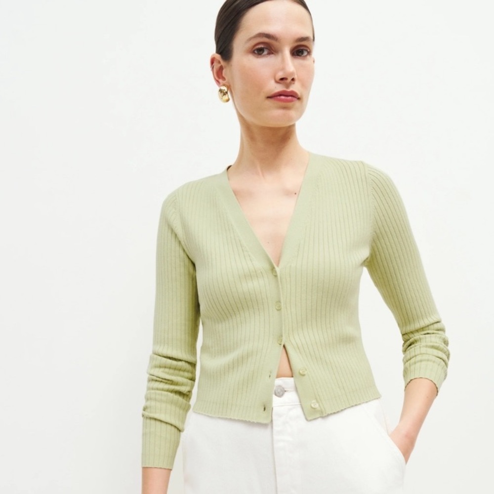 Reformation Gilda Ribbed V Neck Cardigan - Kelly Green - Picture 2 of 5